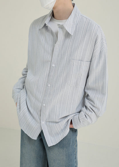 Loose Light Blue Pockets Cotton Men Shirts Peter Pan Collar Spring