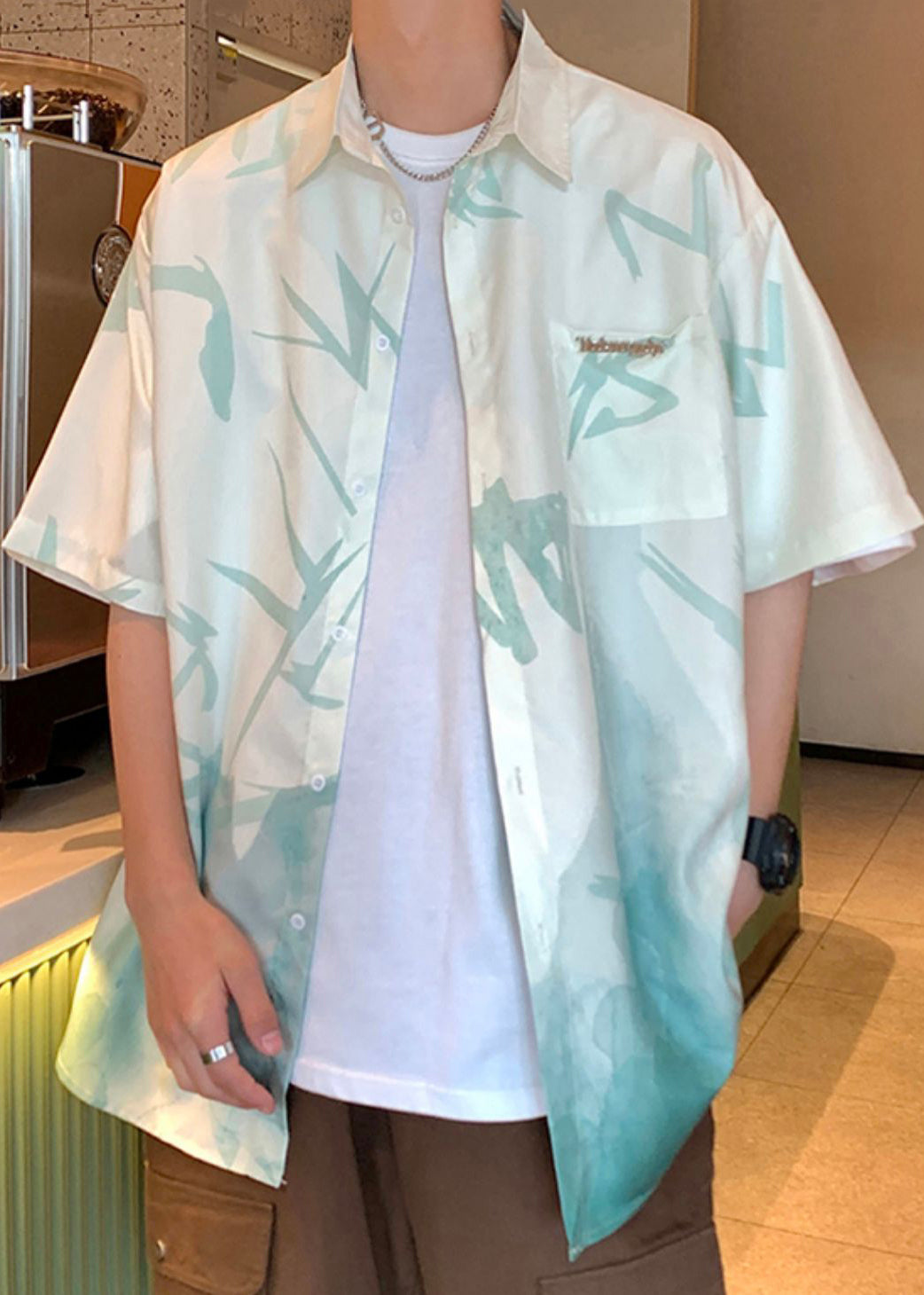 Loose Light Green Gradient Color Print Button Ice Silk Shirts Summer