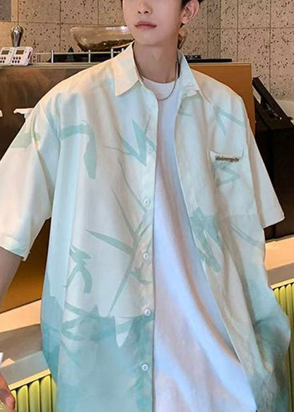 Loose Light Green Gradient Color Print Button Ice Silk Shirts Summer