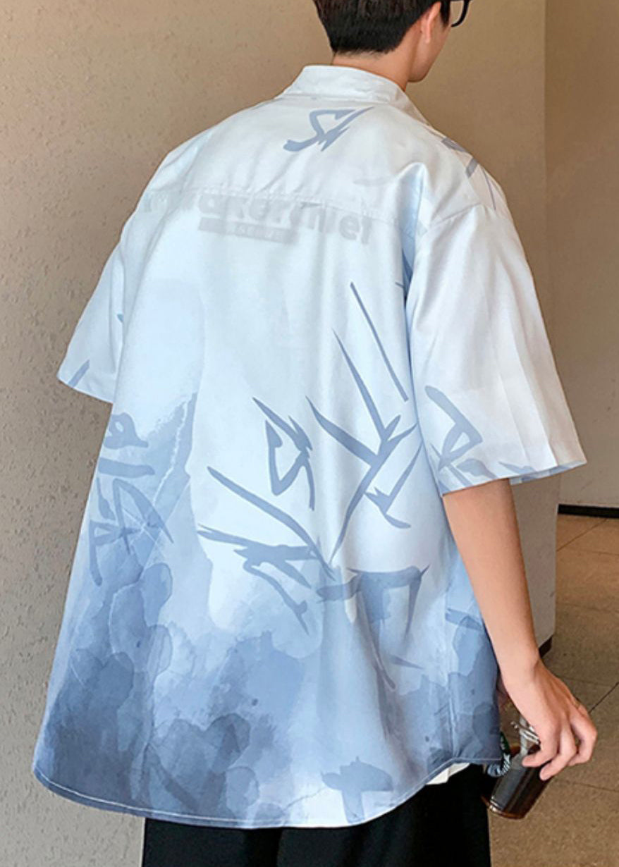 Loose Light Green Gradient Color Print Button Ice Silk Shirts Summer