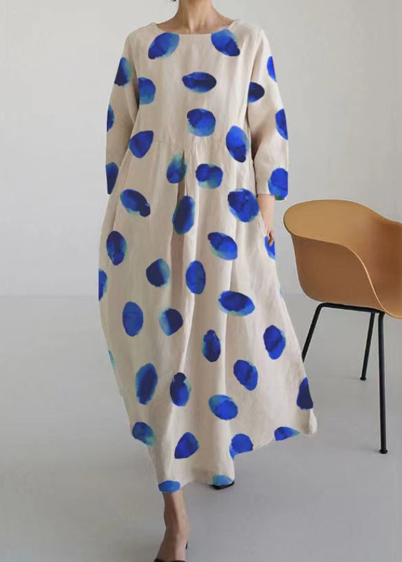 Loose Light Green O-neck Print Pockets Vacation Long Dresses Bracelet Sleeve