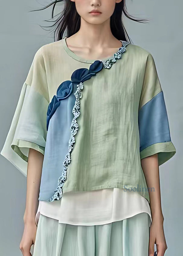 Loose Light Green Patchwork Top Half Sleeve