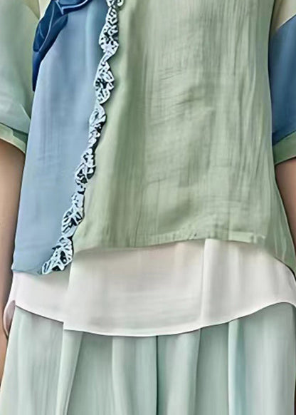 Loose Light Green Patchwork Top Half Sleeve