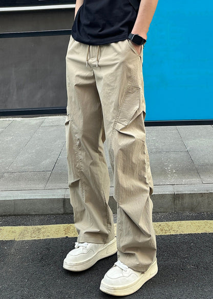 Loose Light Grey Pockets Elastic Waist Cotton Pants Summer