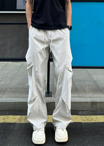 Loose Light Grey Pockets Elastic Waist Cotton Pants Summer