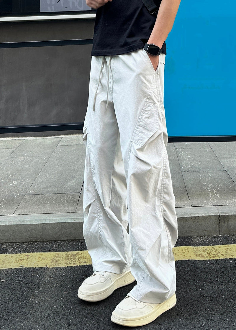 Loose Light Grey Pockets Elastic Waist Cotton Pants Summer