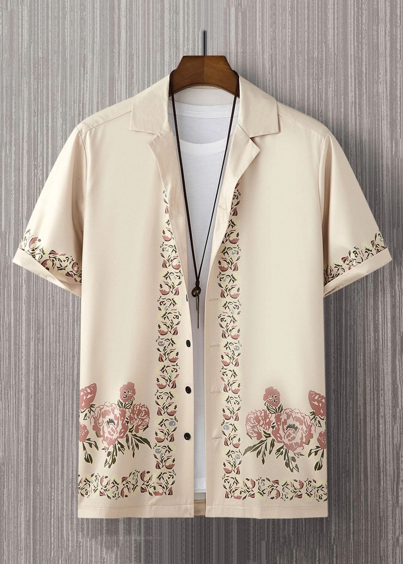 Loose Light Khaki Peter Pan Collar Print Cotton Shirt Summer