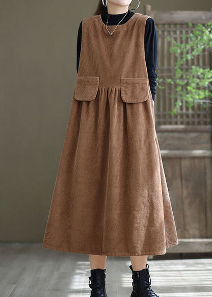 Loose Light Orange O-neck Patchwork Corduroy Party Dress Sleeveless
