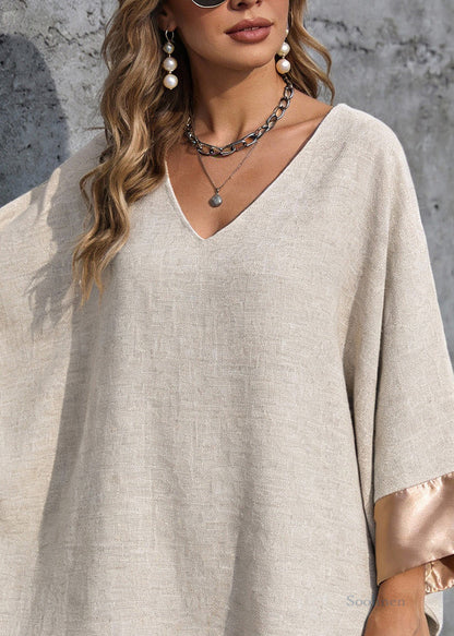 Loose Linen V Neck Oversized Silk Patchwork Dress Batwing Sleeve