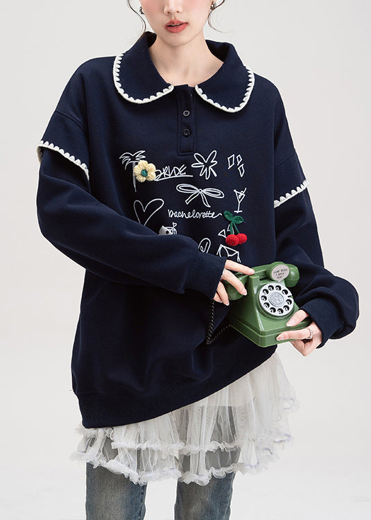 Loose Navy Button Print Cotton Pullover Streetwear Spring