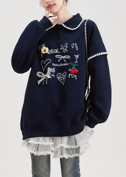 Loose Navy Button Print Cotton Pullover Streetwear Spring