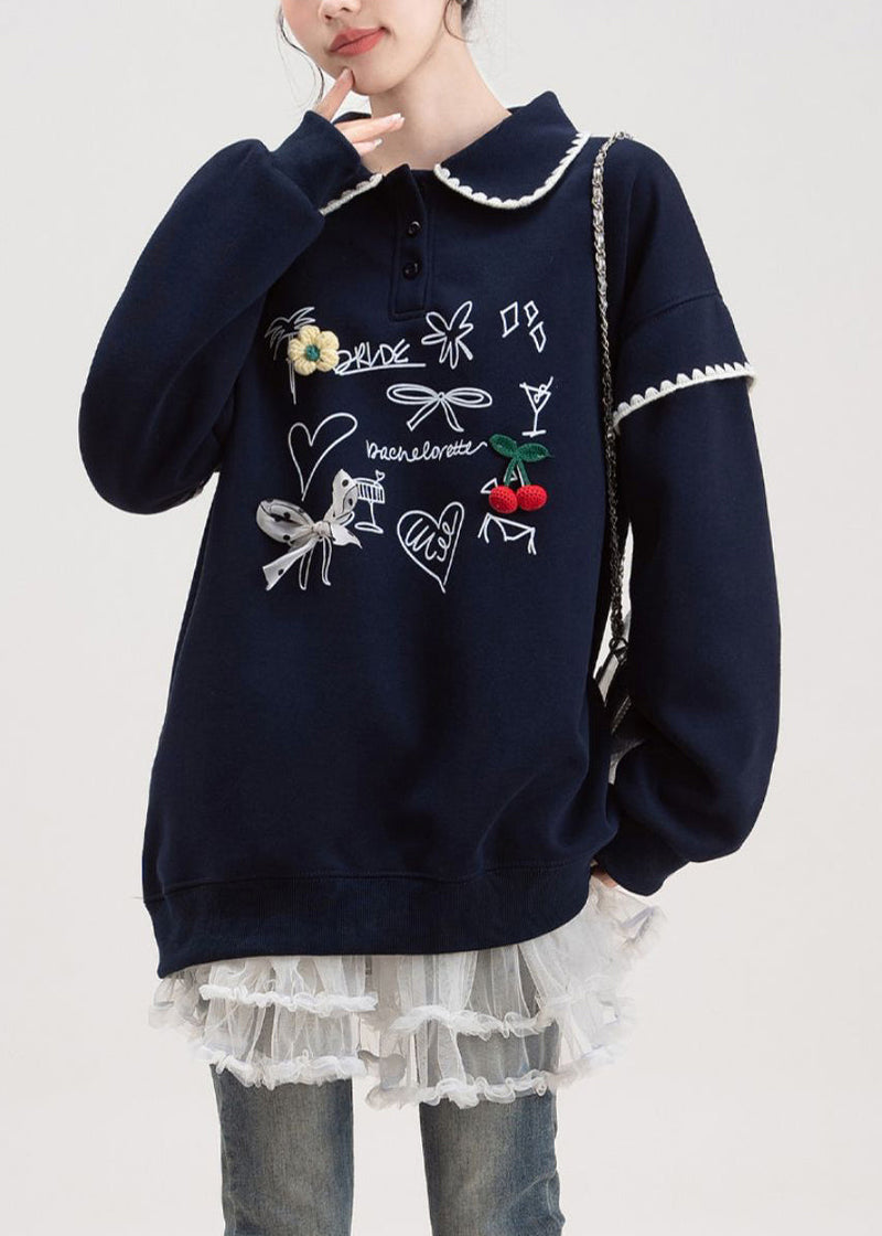 Loose Navy Button Print Cotton Pullover Spring