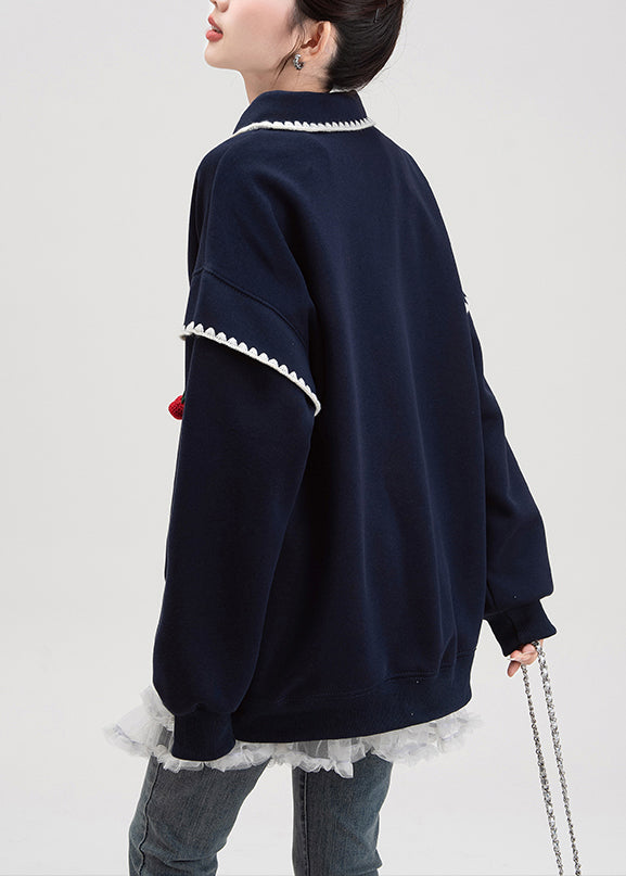 Loose Navy Button Print Cotton Pullover Streetwear Spring