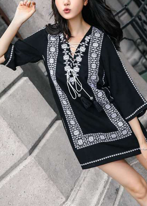 Loose Navy Embroidered Lace Up Cotton Mid Dress Bracelet Sleeve