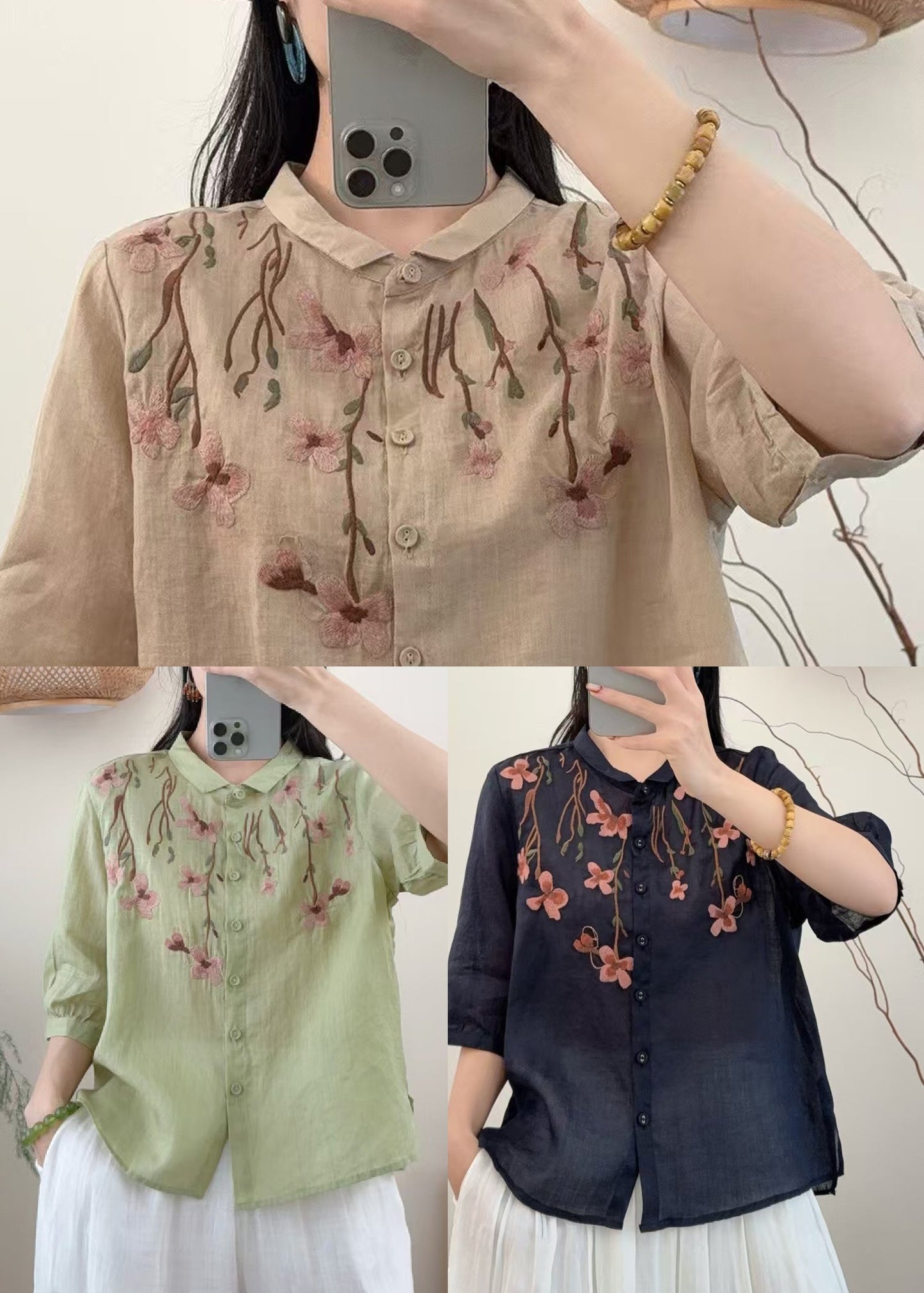 Loose Navy Embroidered Linen Shirts Summer
