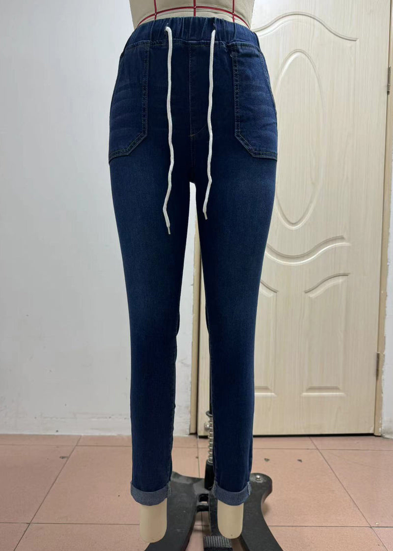 Loose Navy Lace Up Elastic Waist Denim Denim Crop Pants Summer