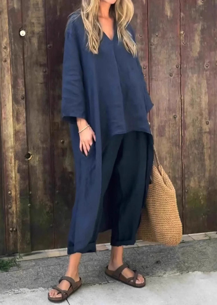 Loose Navy Patchwork Shirts and Harem Pants Two Pieces Set Fall