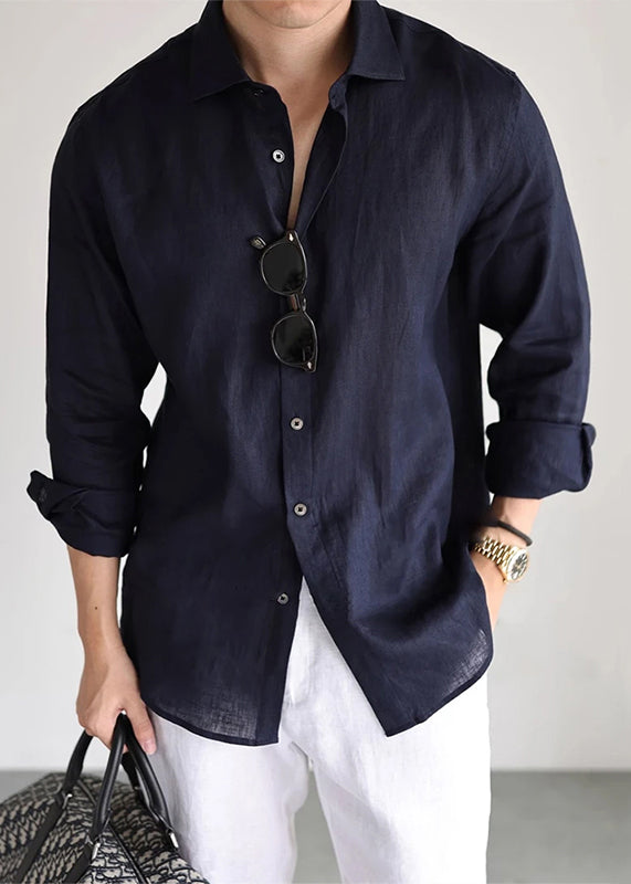 Loose Navy Peter Pan Collar Button Linen Worker Shirt Fall