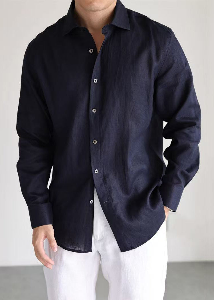 Loose Navy Peter Pan Collar Button Linen Worker Shirt Fall