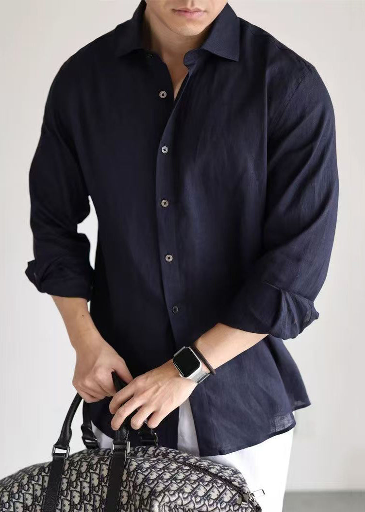 Loose Navy Peter Pan Collar Button Linen Worker Shirt Men Fall