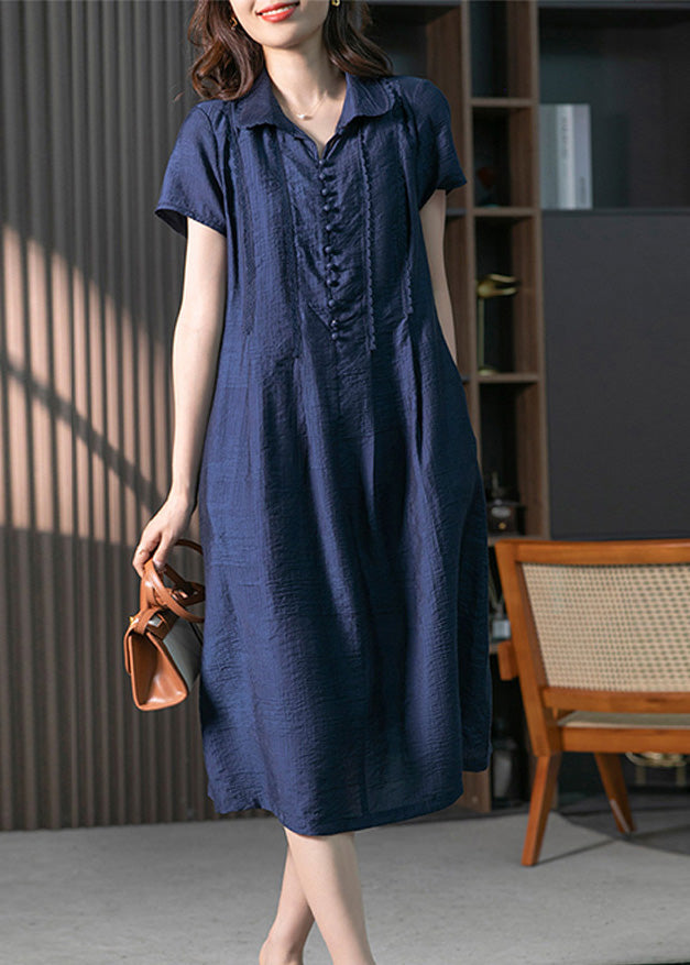 Loose Navy Peter Pan Collar Button Long Dresses Short Sleeve