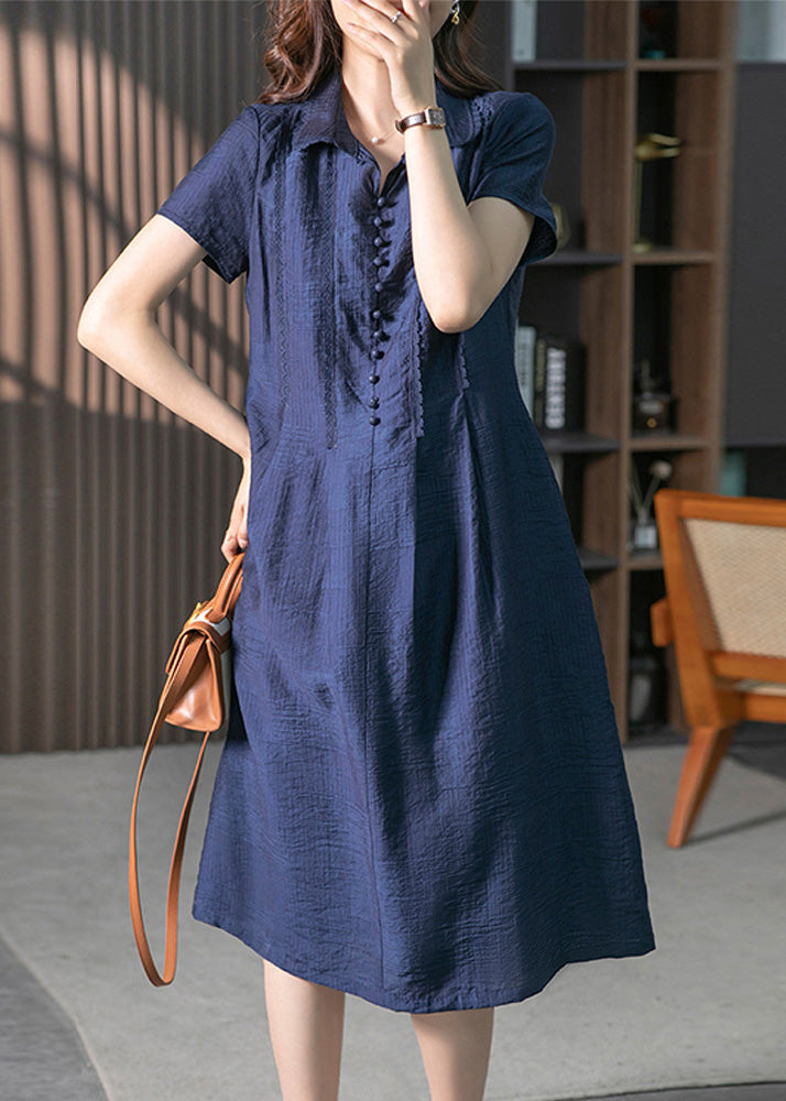 Loose Navy Peter Pan Collar Button Long Dresses Short Sleeve