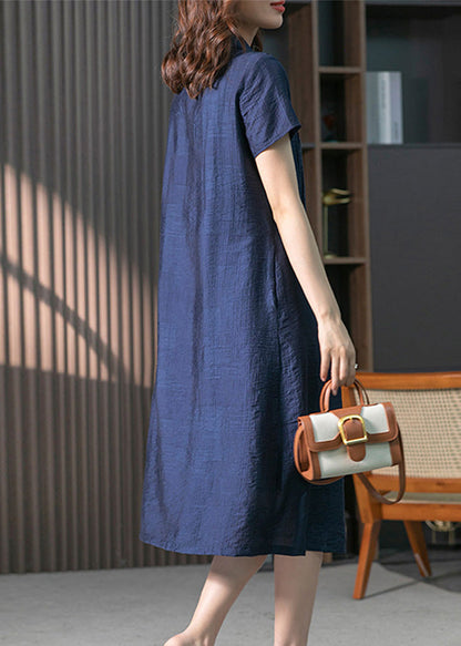 Loose Navy Peter Pan Collar Button Long Dresses Short Sleeve