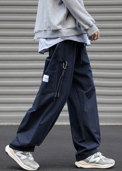 Loose Navy Pockets Drawstring Cotton Pants Spring