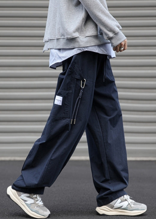 Loose Navy Pockets Drawstring Cotton Pants Spring