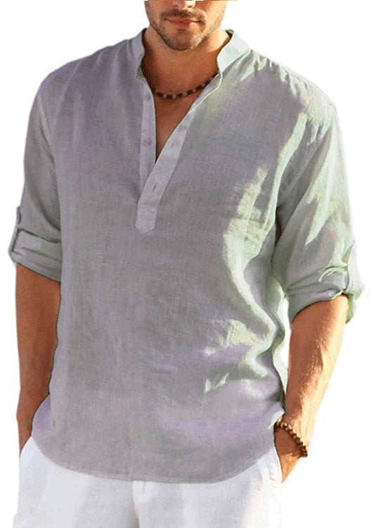 Loose Navy Stand Collar Button Cotton Shirts Fall