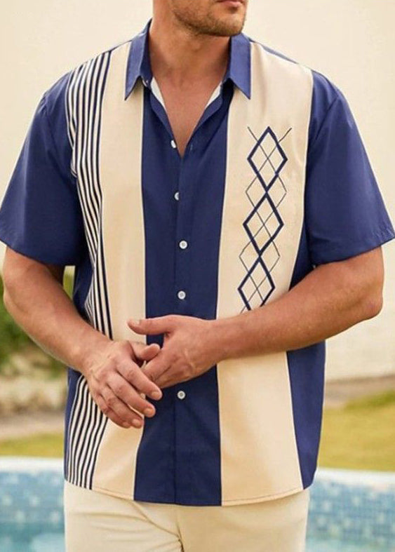 Loose Navy Striped Patchwork Cotton Shirts Summer