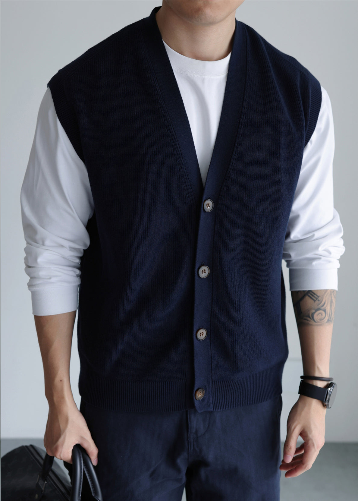 Loose Navy V Neck Button Knit Vest Sleeveless