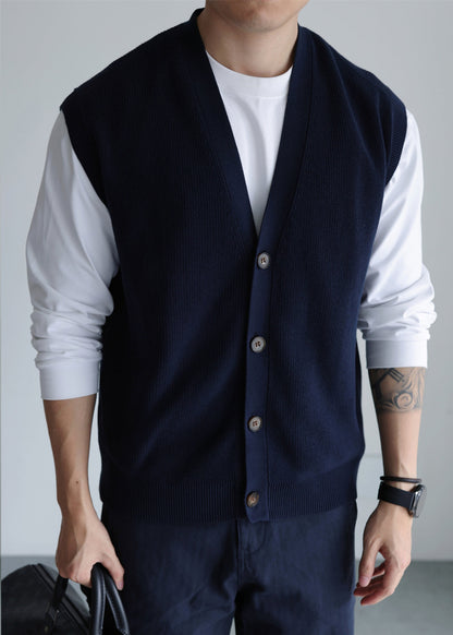 Loose Navy V Neck Button Knit Vest Sleeveless