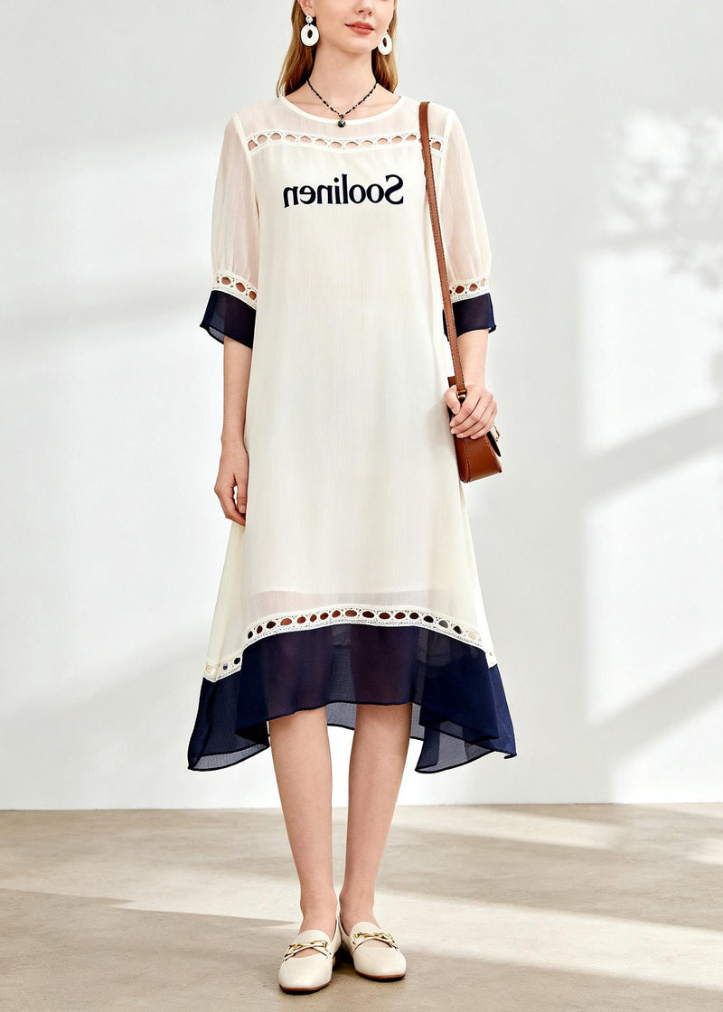 Loose O Neck Hollow Out Patchwork Chiffon Dresses Summer