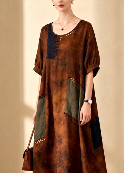 Loose O Neck Hollow Out Patchwork Cotton Dress Summer