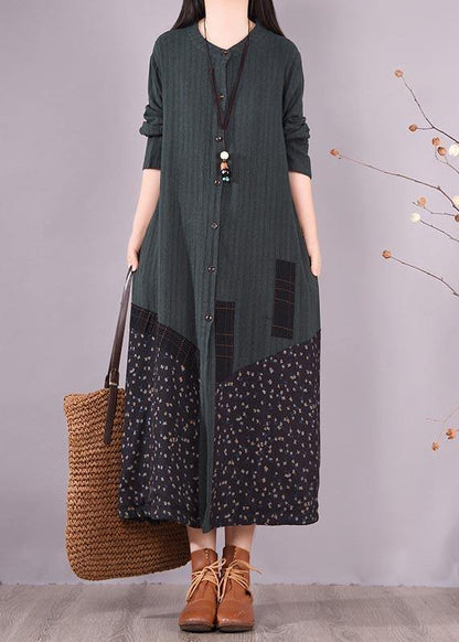 Loose O Neck Pockets Spring Clothes Design Blackish Green Patchwork Print Dresses