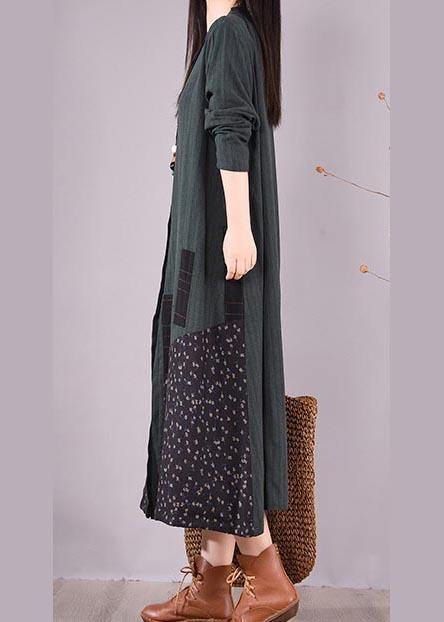 Loose O Neck Pockets Spring Clothes Design Blackish Green Patchwork Print Dresses