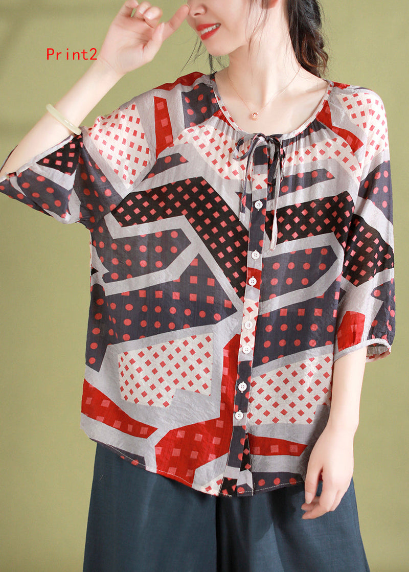 Loose O-neck Print Lace Up Cotton Shirt Top Half Sleeve