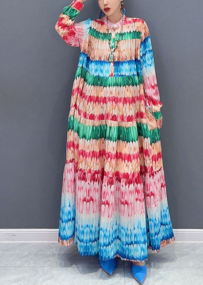Loose O-neck Print Patchwork Long Dresses Long Sleeve