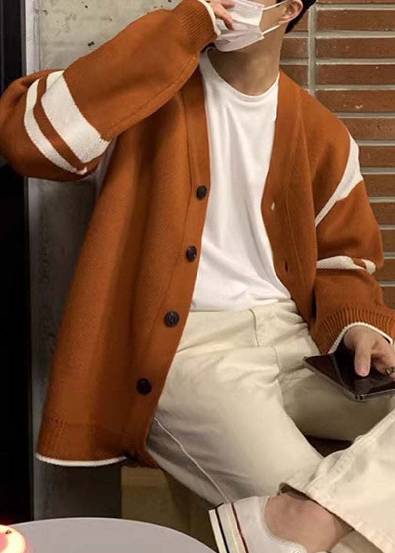 Loose Orange Button Cozy Patchwork Knit Coats Spring