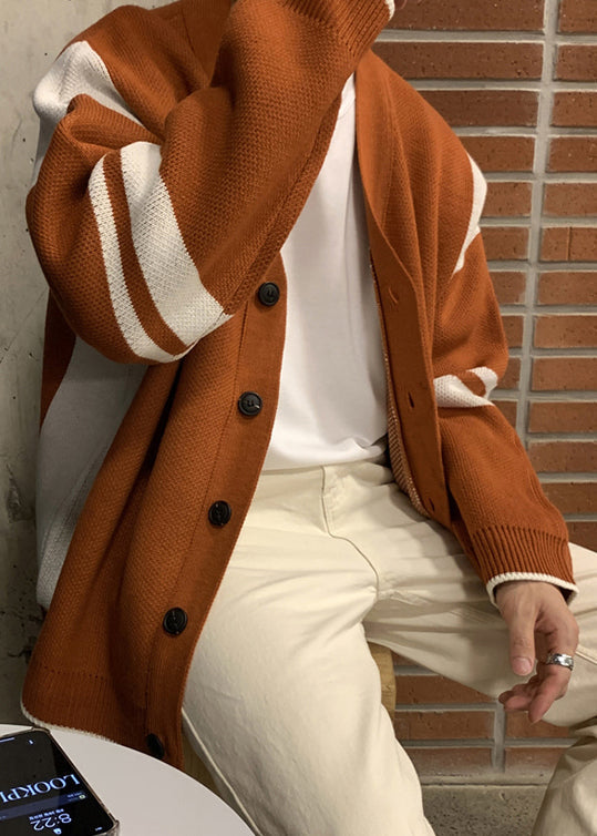 Loose Orange Button Cozy Patchwork Knit Coats Spring