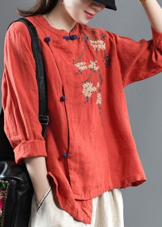 Loose Gray Texture Embroidered Linen Top Half Sleeve