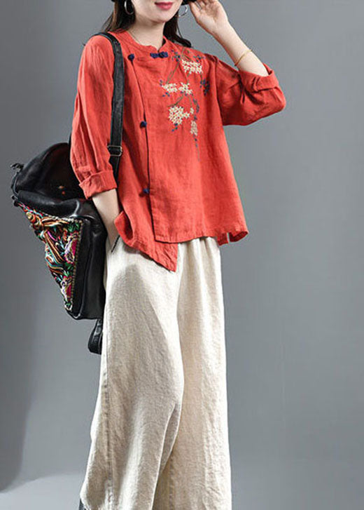 Loose Orange Polka Dots Embroidered Linen Top Half Sleeve