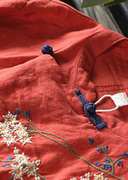 Loose Orange Embroidered Linen Top Half Sleeve