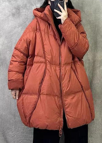 Loose Orange Hooded Zippered Duck Down Puffer Coat Winter