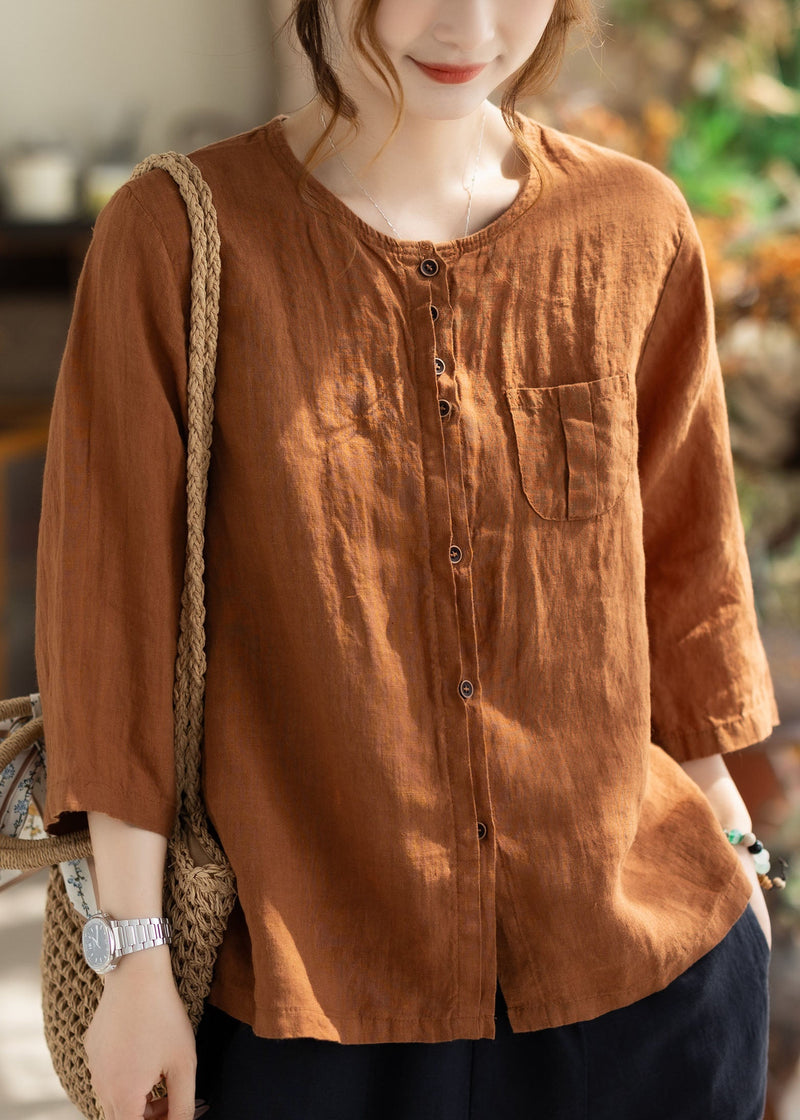 Loose Orange O Neck Button Pockets Linen Tops Bracelet Sleeve