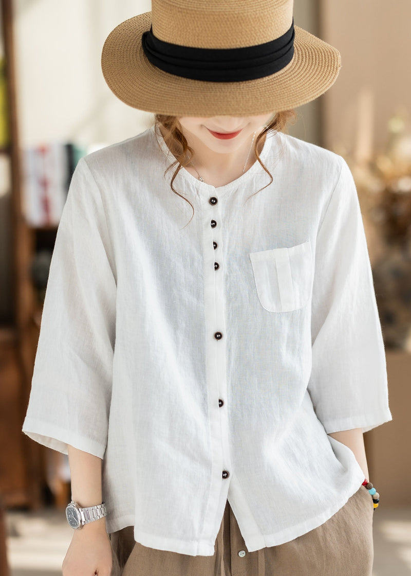 Loose Orange O Neck Button Pockets Linen Tops Bracelet Sleeve