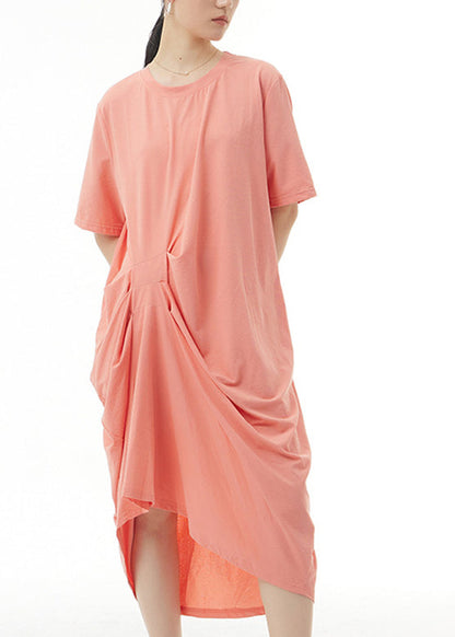 Loose Orange O-neck Cotton Long Dress Summer