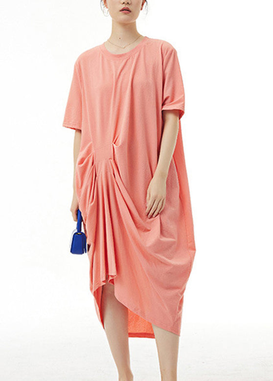 Loose Orange O-neck Cotton Long Dress Summer