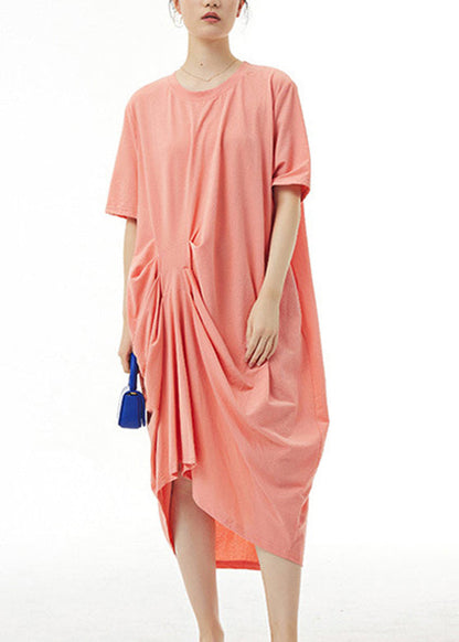 Loose Orange O-neck Cotton Long Dress Summer